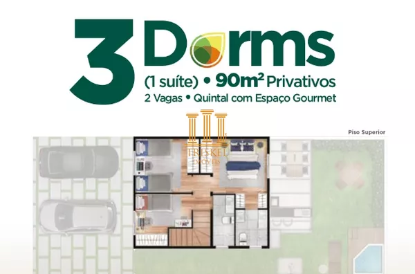 Planta com os dormitórios no piso superior e a área social no piso inferior.