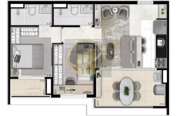 Informações Apartamento:
- 1 Suíte e 1 quarto;
- 2 banheiros (1 da suíte);
- Sala de estar;
- Varanda;
- Ponto para grill;
- Área de serviço/lavanderia;
- Estrutura para ar condicionado;
- Cozinha e banheiros já entregues com os pisos frios, metais e louç