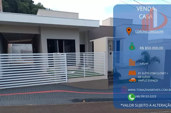 CASA PARA VENDE EM CORONEL VIVIDA/PR COM 145m²