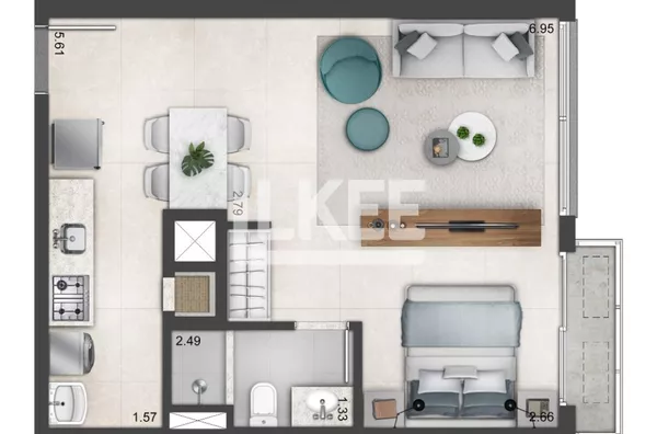 1d 45m² conceito aberto com churrasqueira