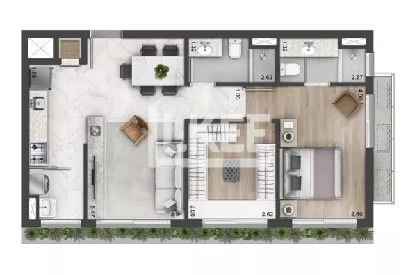 1d 69m² suíte master com churrasqueira integrada a cozinha