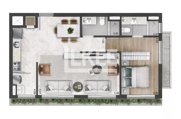 1d 69m² linving estendido com churrasqueira integrada a cozinha