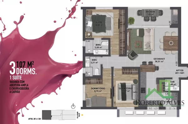APARTAMENTO 3 DORMITÓRIOS (01 SUÍTE) -, COM 107,43m² - Centro, Florianópolis