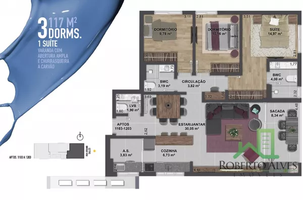 Apartamento novo de 3 dormitórios (1 suíte) com 117,01m²  Centro em Florianópolis