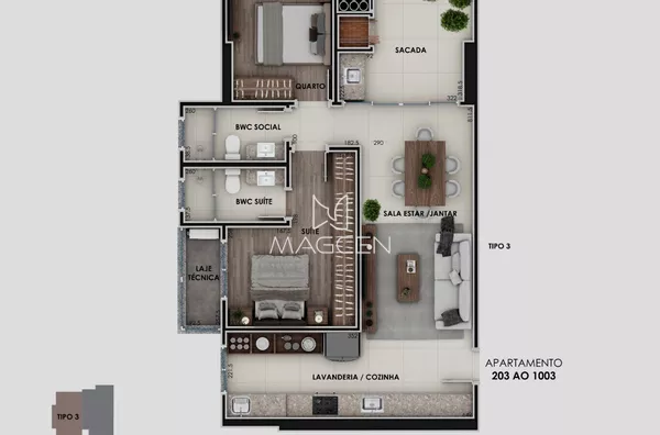 Apartamento de 1 Quarto + 1 Suíte