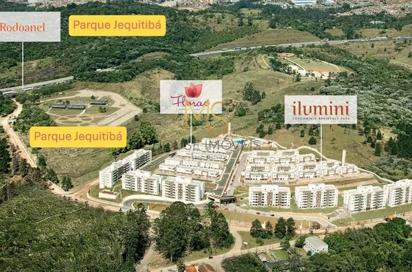 Vista aérea do empreendimento, com vista permanente para o Parque Jequitibá, cercado de área verde